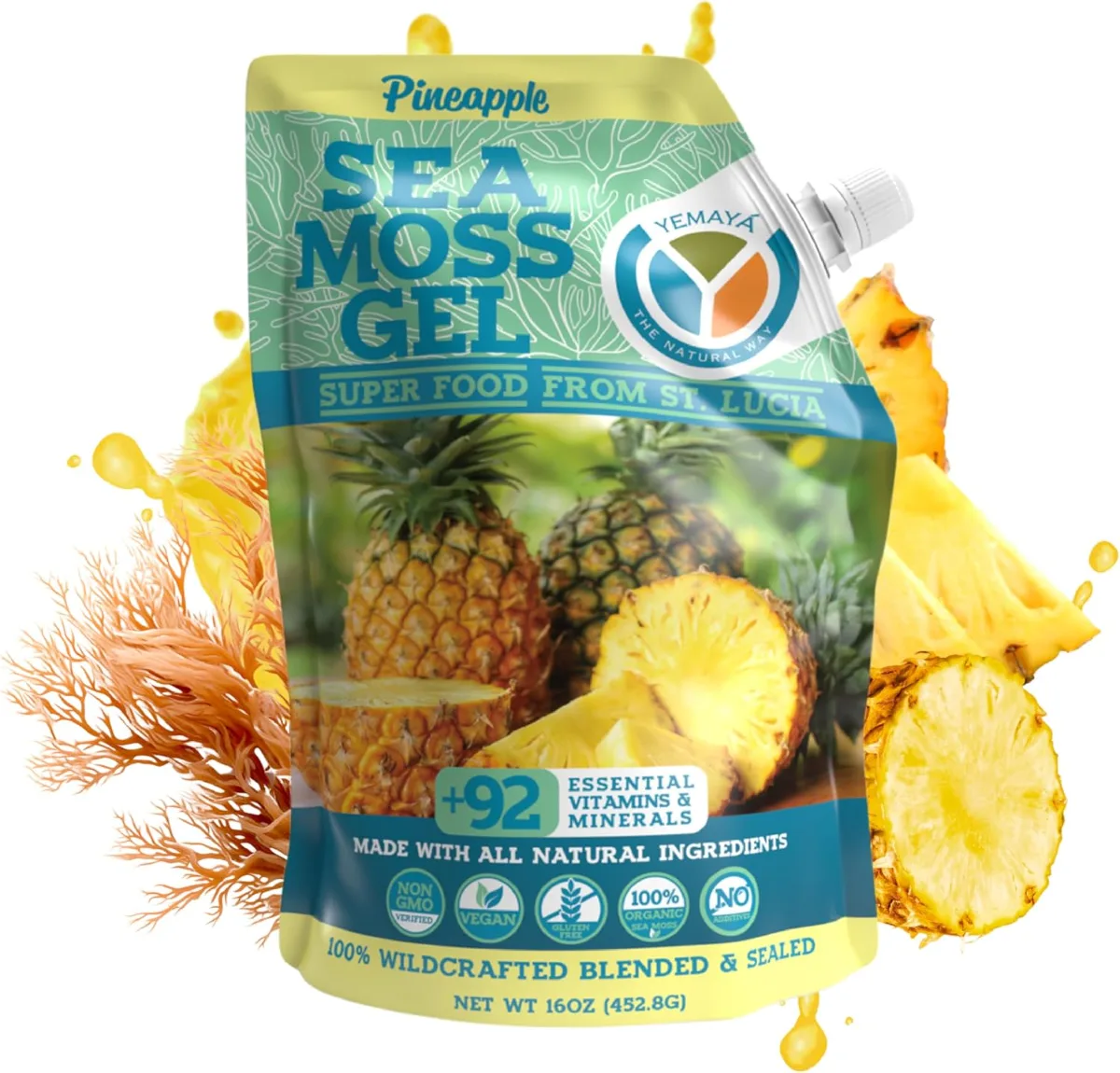 Yemaya sea moss gel container photographed against a plain background